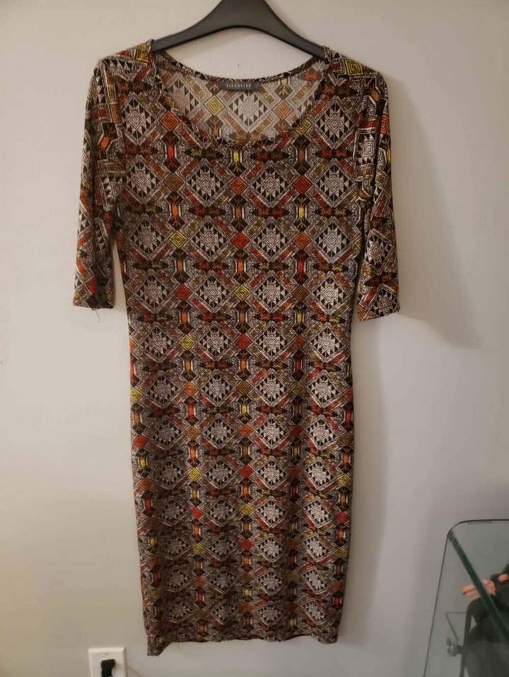 Suzy Shier Geometric Print Midi Dress in Rust, Yellow & Black